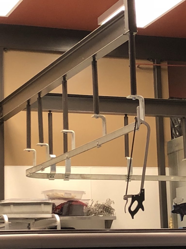 A bone saw hangs from the ceiling
